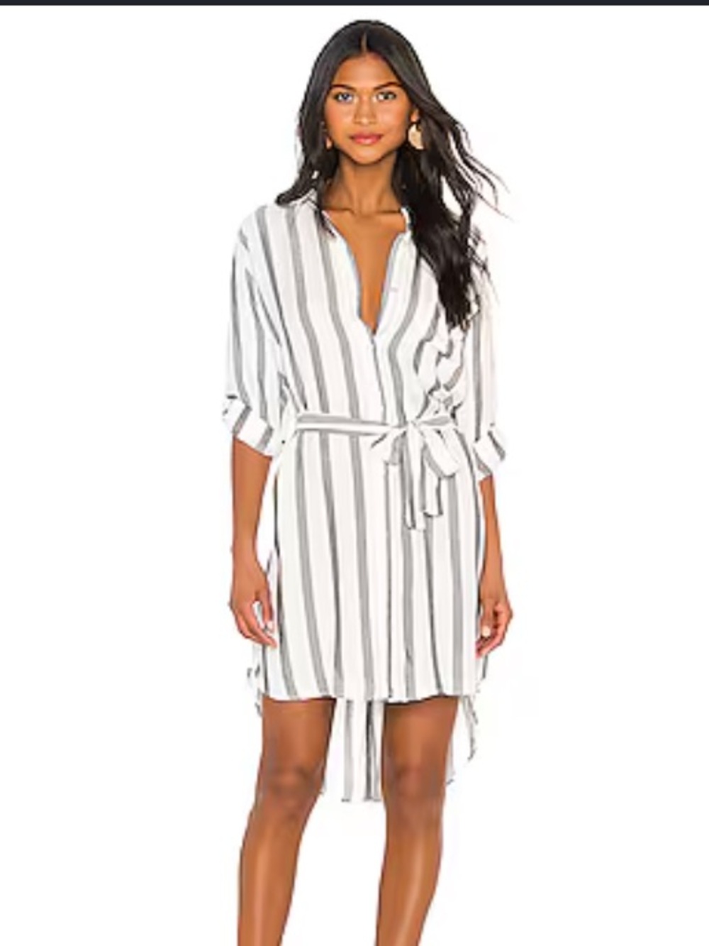 Indah White and Gray Striped Cover Up/Shirt Dress